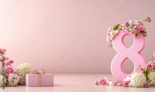 A pink number 8 is surrounded by pink flowers and a pink box