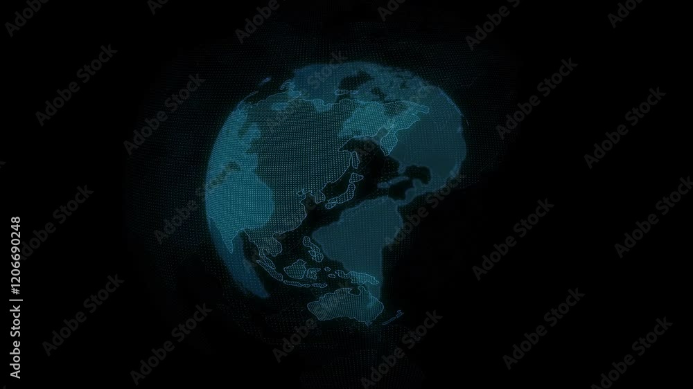 Digital dotted planet earth loop animation isolated on a black background. Rotating stylized world globe with glowing particle dots. Big data technology, business, communication, or digital concept Digital dotted planet earth loop animation isolated on a black background. Rotating stylized world globe with glowing particle dots. Big data technology, business, communication, or digital concept