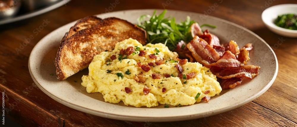 A delicious plate of fluffy scrambled eggs served with crispy toast and sizzling bacon, all beautifully arranged on a rustic wooden kitchen table, perfect for a hearty breakfast or brunch. A delicious plate of fluffy scrambled eggs served with crispy toast and sizzling bacon, all beautifully arranged on a rustic wooden kitchen table, perfect for a hearty breakfast or brunch.