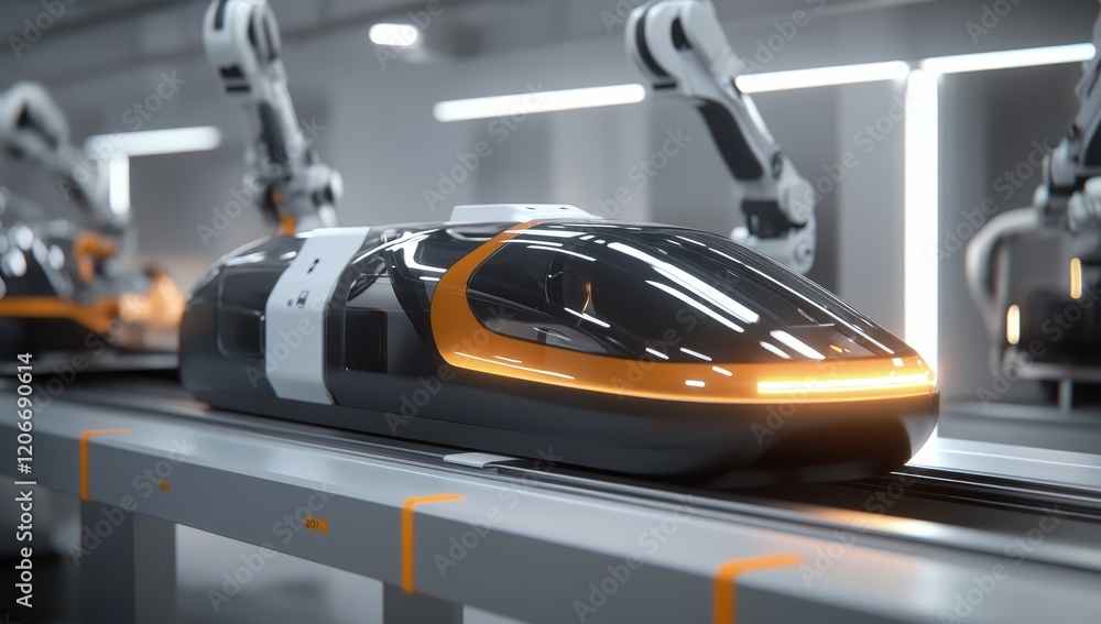 Naklejka premium Futuristic high-speed train on automated assembly line.