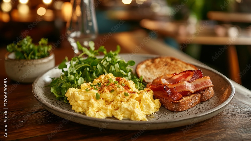 A delicious plate of fluffy scrambled eggs served with crispy toast and sizzling bacon, all beautifully arranged on a rustic wooden kitchen table, perfect for a hearty breakfast or brunch. A delicious plate of fluffy scrambled eggs served with crispy toast and sizzling bacon, all beautifully arranged on a rustic wooden kitchen table, perfect for a hearty breakfast or brunch.