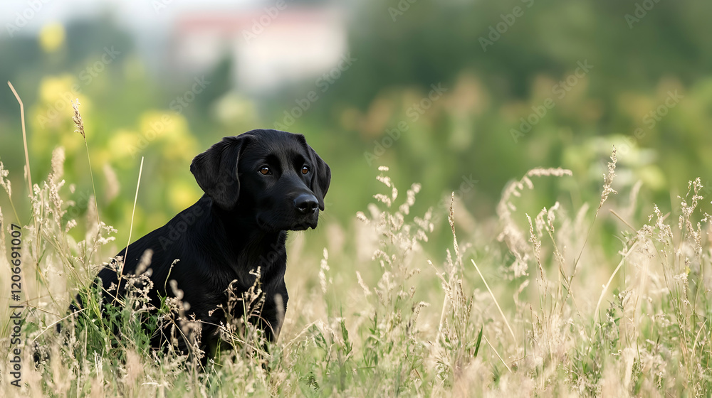 Black Labrador Retriever sits in tall grass field, summer; nature background, pet photography Black Labrador Retriever sits in tall grass field, summer; nature background, pet photography