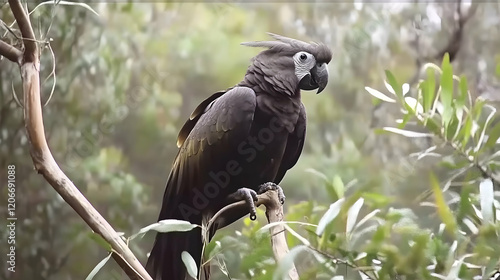 Black palm cockatoo perched on branch, Australian rainforest background, wildlife photography for nature documentaries photo