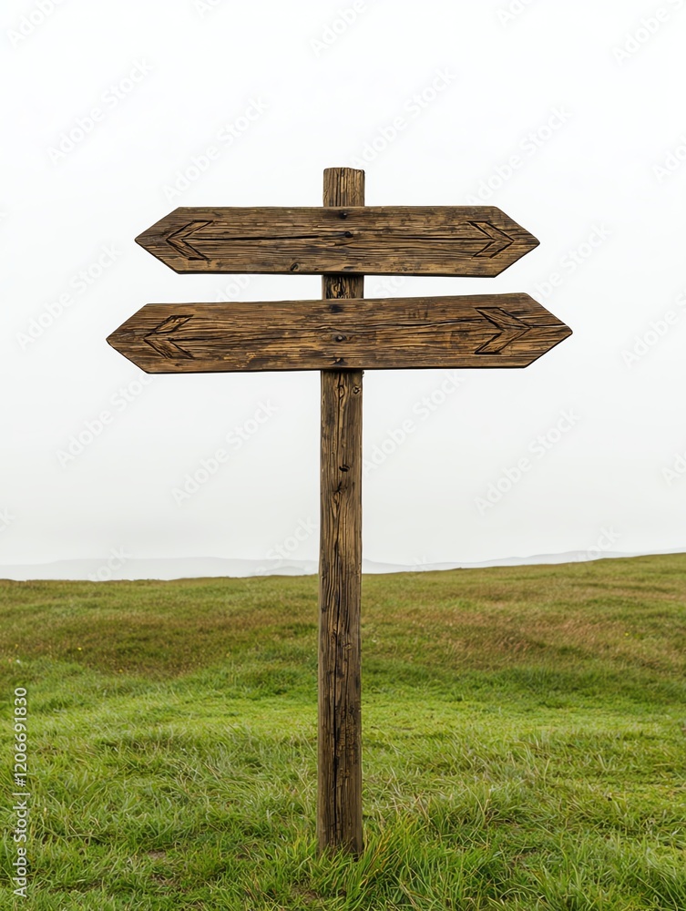 A rustic wooden signpost with two arrows pointing in opposite directions, surrounded by green grass and a foggy landscape. A rustic wooden signpost with two arrows pointing in opposite directions, surrounded by green grass and a foggy landscape.