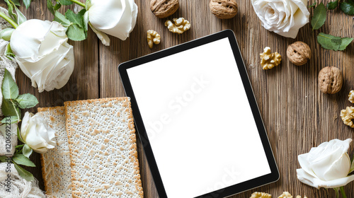 The tablet is lying on a wooden table with a bouquet of white roses, walnuts and Jewish unleavened matzo cakes. The table is empty and the flowers are white. A mockup of a modern tablet photo