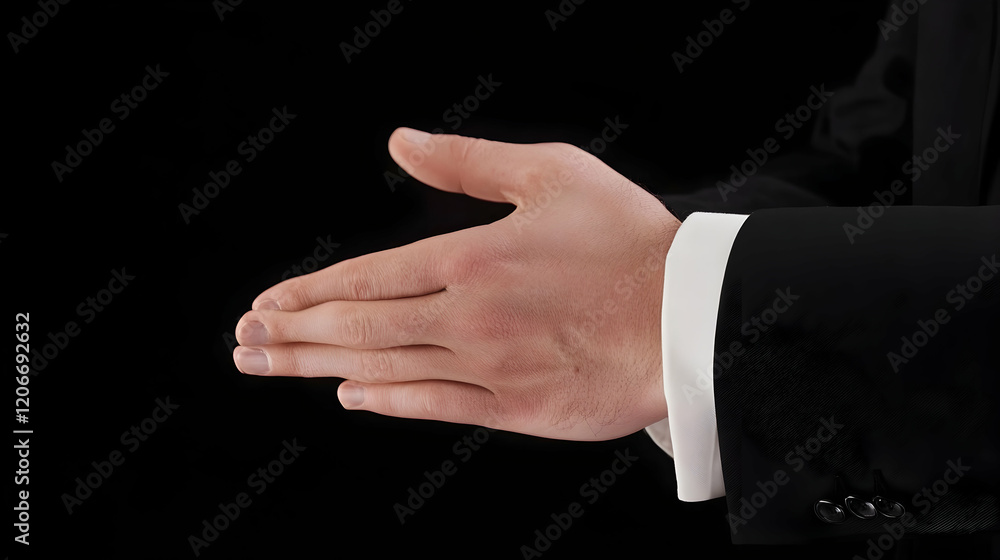 Obraz premium Businessman's open hand, offering handshake, black background, partnership concept