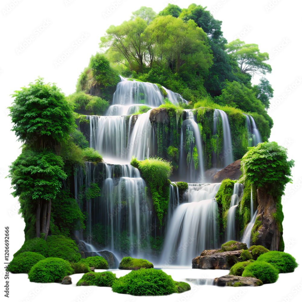 Naklejka premium Serene Cascading Waterfalls in Lush Green Paradise, Perfect for Relaxation and Tranquility eco calm 