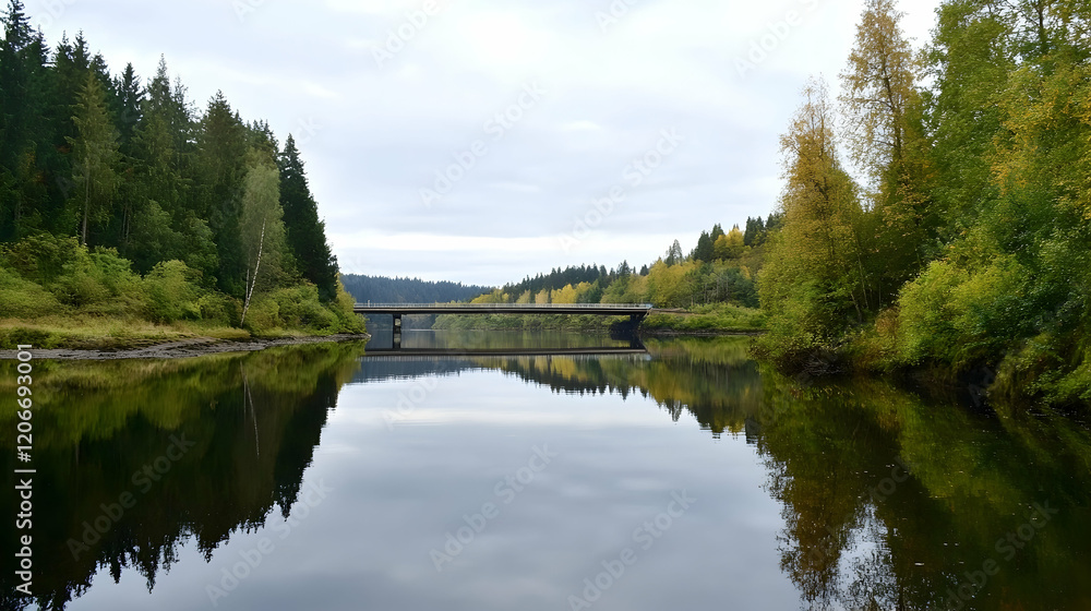 Calm river reflecting bridge and autumn trees, perfect for travel brochures Calm river reflecting bridge and autumn trees, perfect for travel brochures