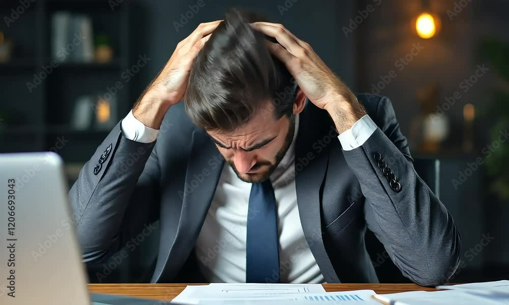 Stressed Businessman at his Desk, Overwhelmed by Workload Stressed Businessman at his Desk, Overwhelmed by Workload