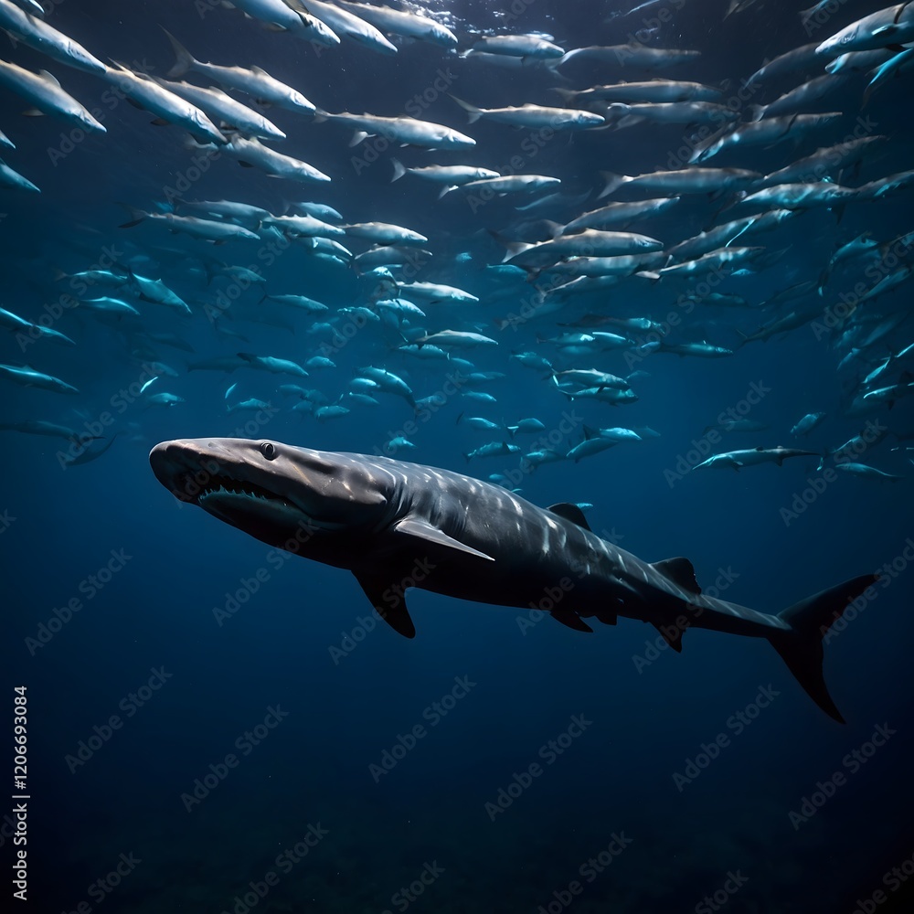 Fototapeta premium Frilled Shark in the Deep Sea Surrounded by Bio luminescent Creatures