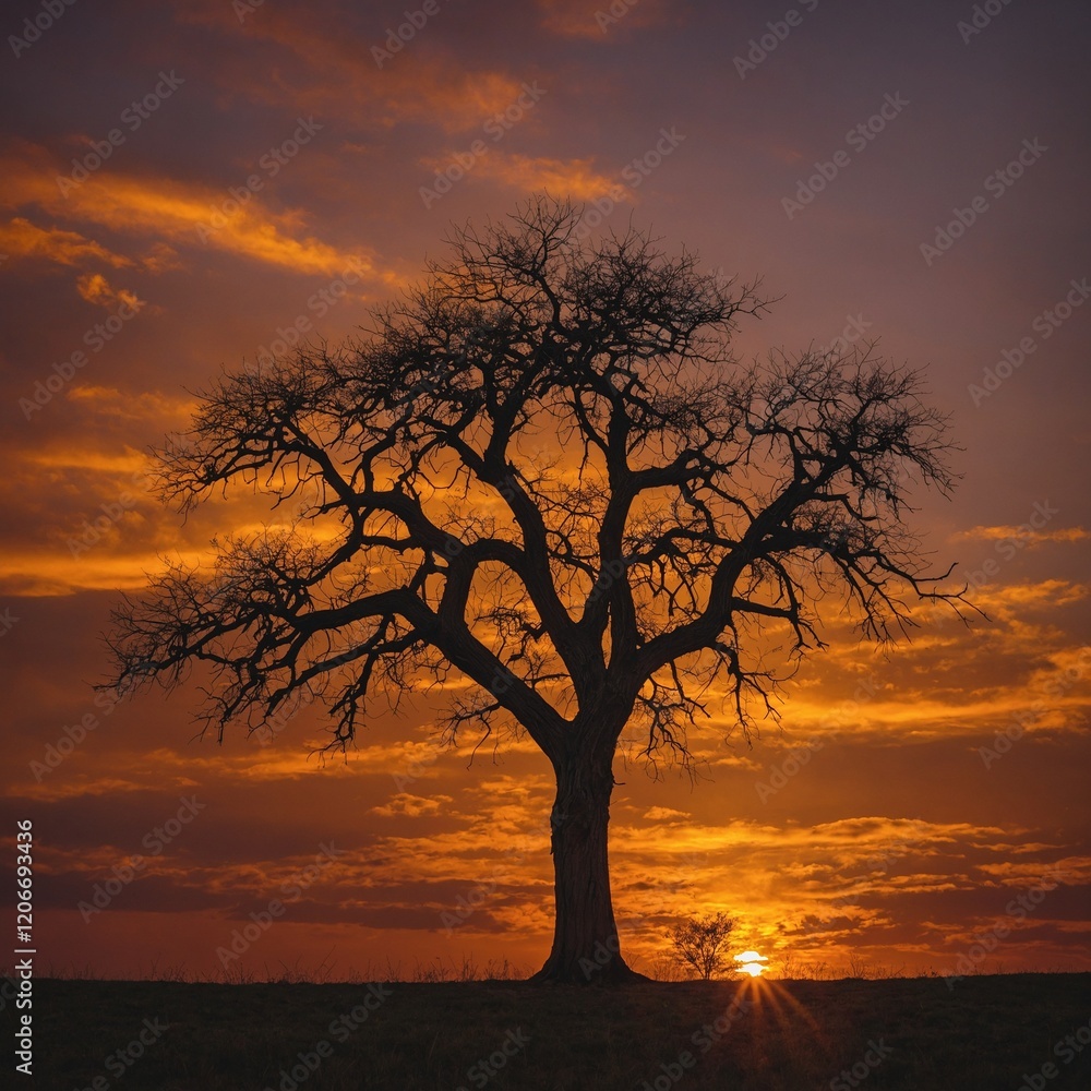 A silhouette of a lone tree against a vibrant orange sunset sky. A silhouette of a lone tree against a vibrant orange sunset sky.