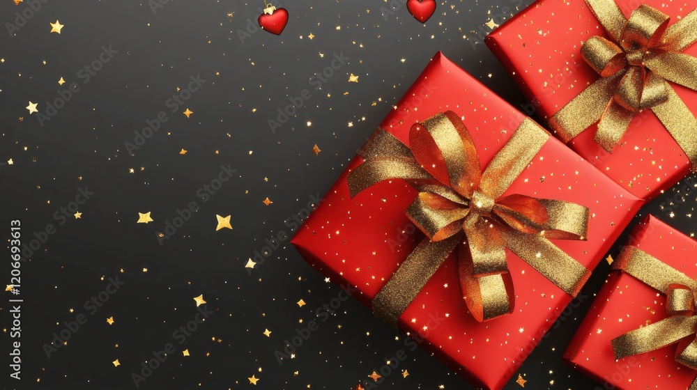 Red Gift Boxes with Gold Bows and Confetti on Black Background Red Gift Boxes with Gold Bows and Confetti on Black Background