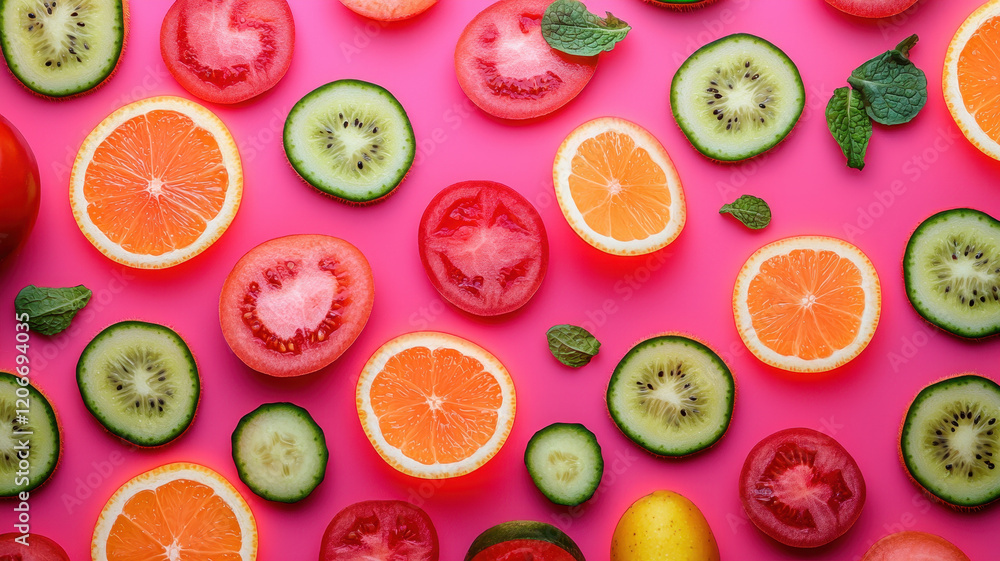 Colorful abstract art composition of sliced fruits pink background Colorful abstract art composition of sliced fruits pink background