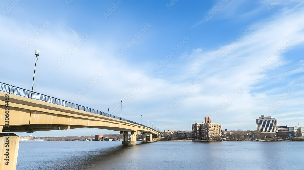 City bridge spanning river, clear blue sky, urban skyline in background; ideal for travel, transportation brochures City bridge spanning river, clear blue sky, urban skyline in background; ideal for travel, transportation brochures