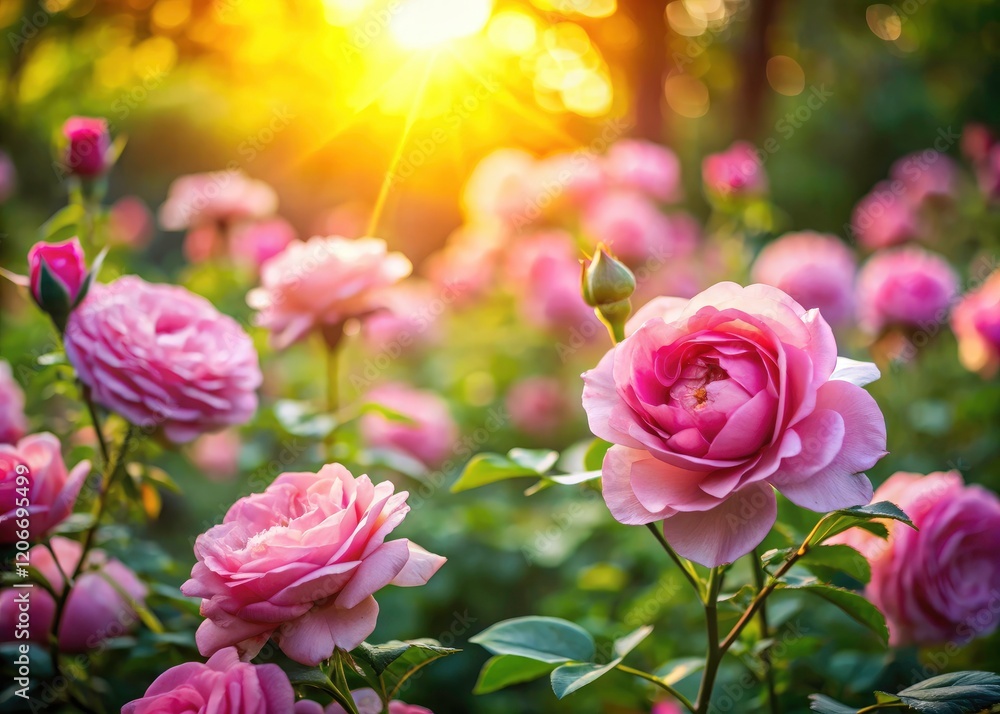 Pink roses bask in sunlight, creating a dreamy bokeh backdrop in these stunning floral images.
