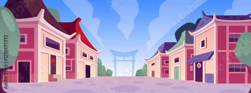 Vector illustration of Chinese street with old houses, expensive arches.