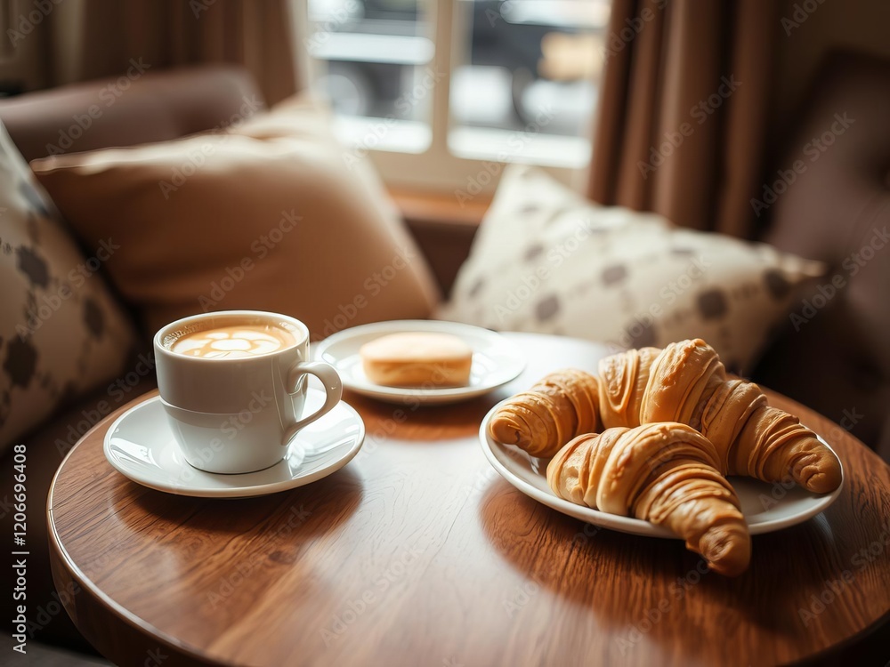 Plate of freshly baked croissants and a cup of coffee on a table with saucer and spoon, with a cozy sofa in the background, cozy, interior Plate of freshly baked croissants and a cup of coffee on a table with saucer and spoon, with a cozy sofa in the background, cozy, interior