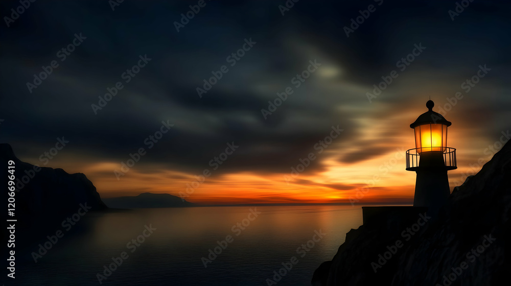 Coastal sunset, lighthouse beacon shining, dark clouds, calm sea; hope, guidance imagery Coastal sunset, lighthouse beacon shining, dark clouds, calm sea; hope, guidance imagery
