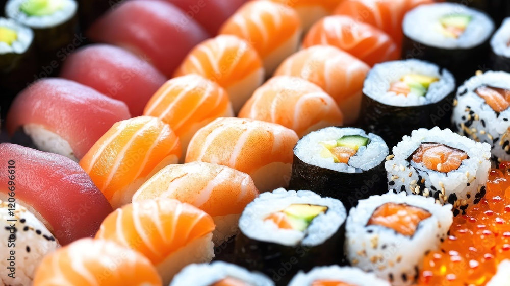 Delectable Sushi Platter: A Culinary Delight of Salmon, Tuna, and Avocado Delectable Sushi Platter: A Culinary Delight of Salmon, Tuna, and Avocado
