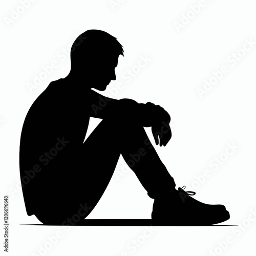 Sitting on the ground with knees up silhouette in black on a white background