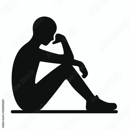 Sitting on the ground with knees up silhouette in black on a white background