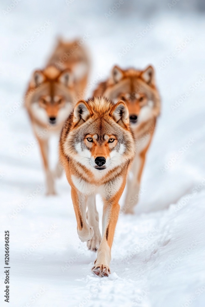 Wolves hunting in a snowy landscape, showcasing their primal instincts and teamwork in the wild. Wolves hunting in a snowy landscape, showcasing their primal instincts and teamwork in the wild.
