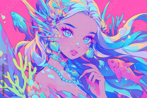 Colorful underwater scene featuring a mermaid with vibrant hair and aquatic life against a pink backdrop photo