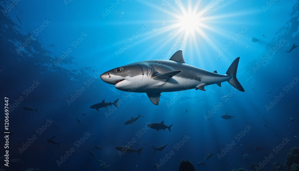 Obraz premium Great white shark swimming gracefully underwater, ocean vitality