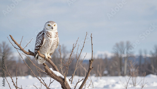 Snowy owl perched on branch in winter tundra, wild animal beauty