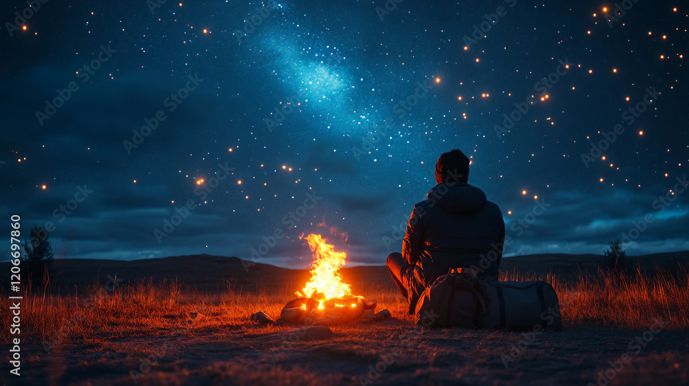 A starry night sky over a campfire, featuring the rear view of a man silhouette seated by the glowing flames. Suitable for marketing or business purposes. Panoramic banner with place for text