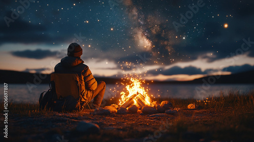 A starry night sky over a campfire, featuring the rear view of a man silhouette seated by the glowing flames. Suitable for marketing or business purposes. Panoramic banner with place for text photo