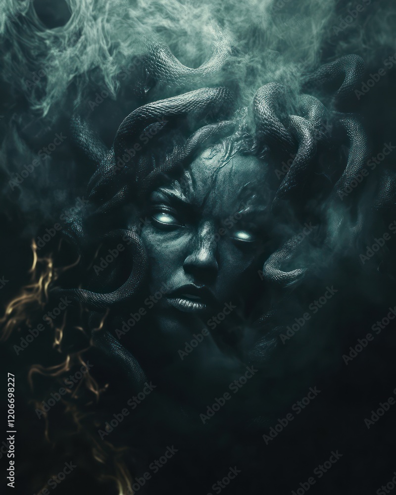 Gorgon's Fury Smoke, Digital Art, Mythological Creature