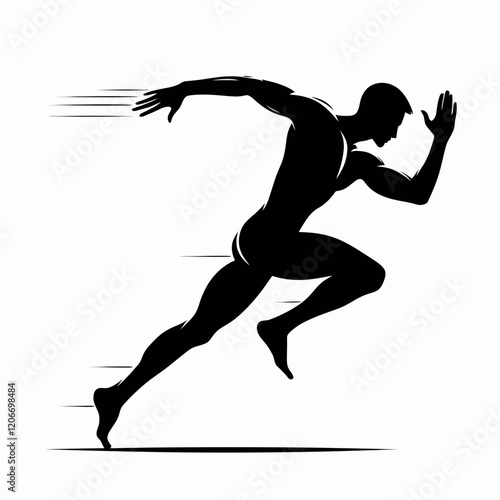 Sprinting with full stride silhouette in black on a white background