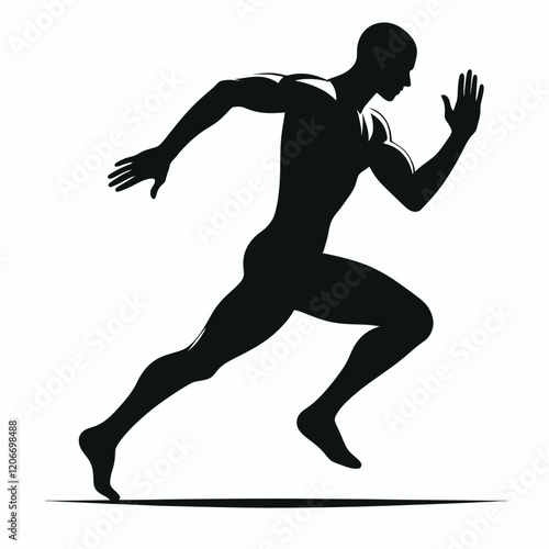 Sprinting with full stride silhouette in black on a white background
