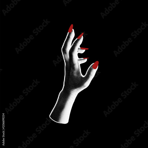 Halftone hand red nails manicure retro photocopy effect, vector arm side view grunge grainy Pop art pixelated texture