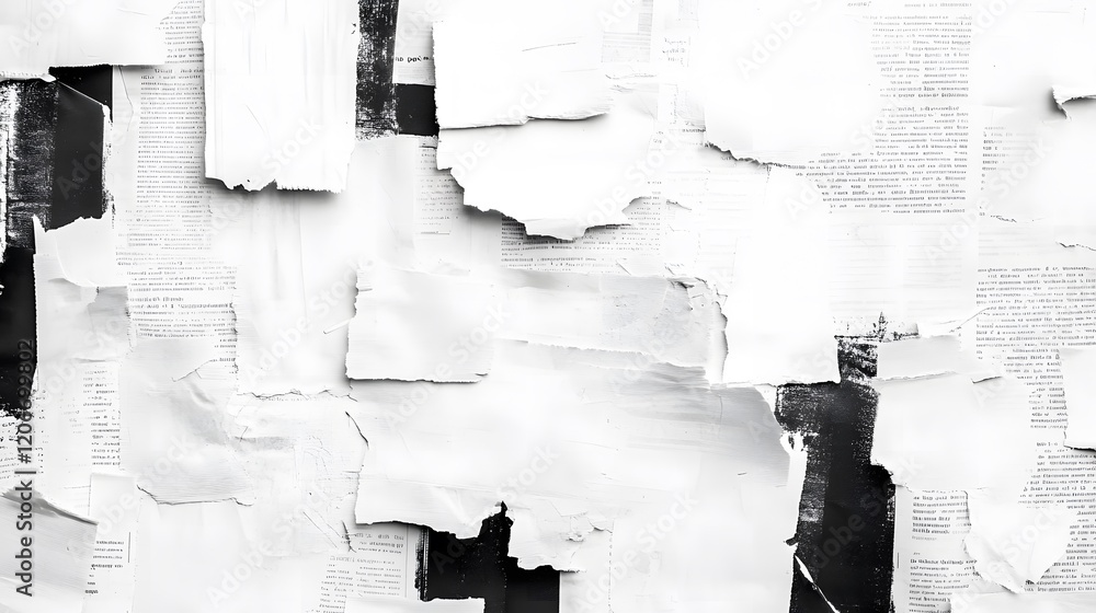 Obraz premium A captivating exploration of torn newspaper articles, creating a striking black and white abstract composition that entices the viewer's imagination.