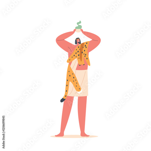 Ancient Egyptian Shaman Male Character Wear Leopard Skin Holding Cup with Potion. Spiritual Leader, Vector Illustration