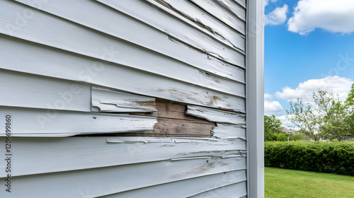 Damaged vinyl siding exterior house wall, needs repair, green yard background, home maintenance