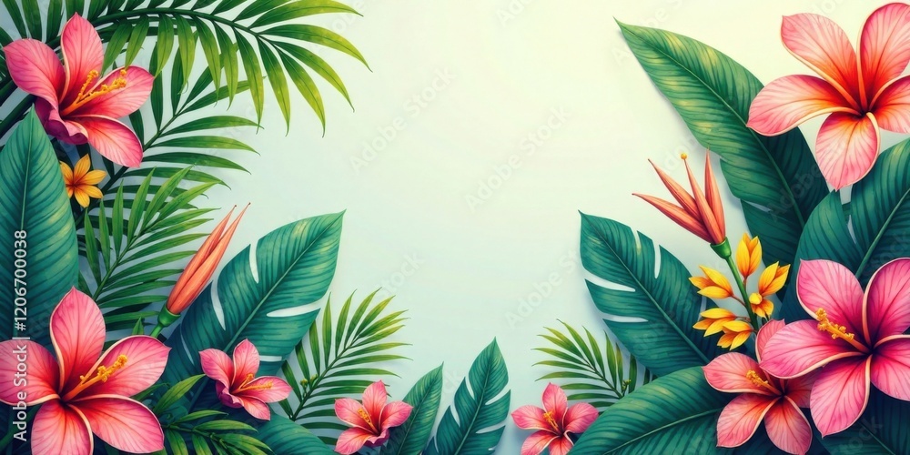 Vibrant Tropical Floral Frame with Lush Greenery and Delicate Blossoms, Perfect for Summer Designs and Festive Celebrations Vibrant Tropical Floral Frame with Lush Greenery and Delicate Blossoms, Perfect for Summer Designs and Festive Celebrations