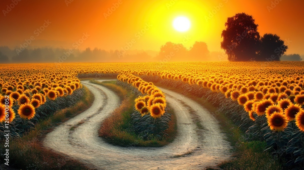 Fototapeta premium Sun-kissed Journey: Tranquil Dirt Path Meandering Through Lush Sunflower Field at Sunset