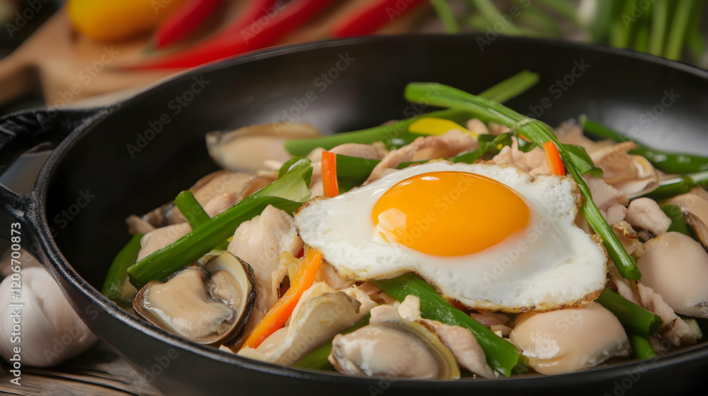 Delicious stir-fried chicken and clams with fried egg. Perfect for food blogs, restaurant menus, or cookbooks Delicious stir-fried chicken and clams with fried egg. Perfect for food blogs, restaurant menus, or cookbooks