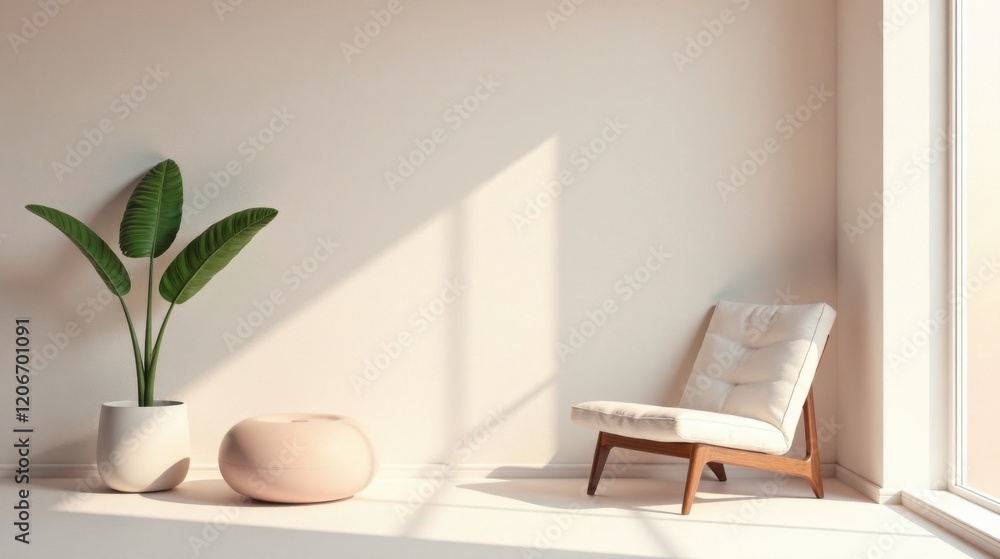 Fototapeta premium Serene Minimalist Interior Design Featuring a Comfortable Lounge Chair and Potted Plant in a Sunlit Room
