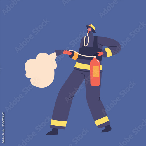 Brave Firefighter Character Equipped With A Powerful Fire Extinguisher, Ready To Combat And Extinguish Fires