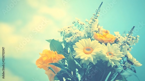 A Bouquet of Yellow and White Flowers Against a Sky Background