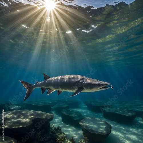 Graceful Chinese Paddle fish Gliding Through Crystal Clear Water Under Sunlight