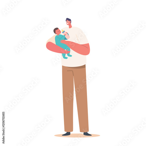 Dad Feed Newborn Baby with Bottle. Male Character on Maternity Leave, Single Father Raising Child. Little Baby with Dad
