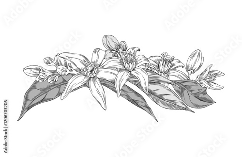 Vector illustration of a colored neroli flower with leaves and petals.
