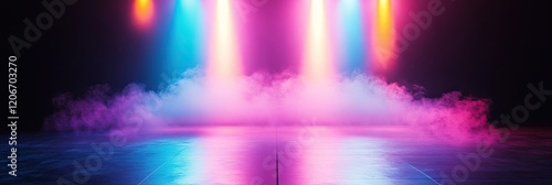 Wallpaper Mural Concert stage background with blue and purple lights. Empty concert floor at futuristic room Torontodigital.ca