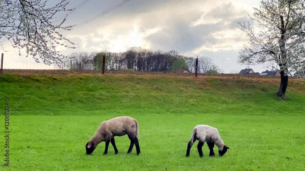 A flock of sheep grazes on a green meadow under a blossoming apple tree. High quality 4k footage A flock of sheep grazes on a green meadow under a blossoming apple tree. High quality 4k footage