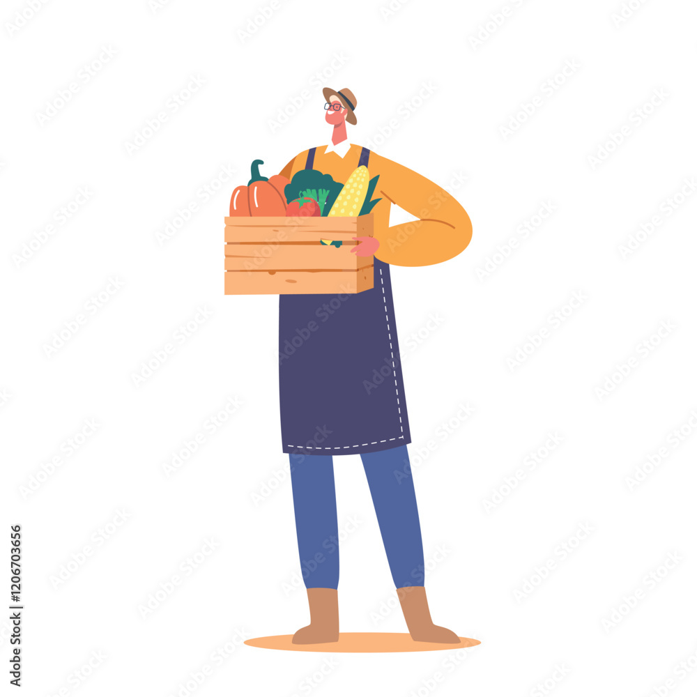 Farmer Male Character Standing with Crop of Fresh Greenery and Vegetable in Wooden Box Isolated on White Background